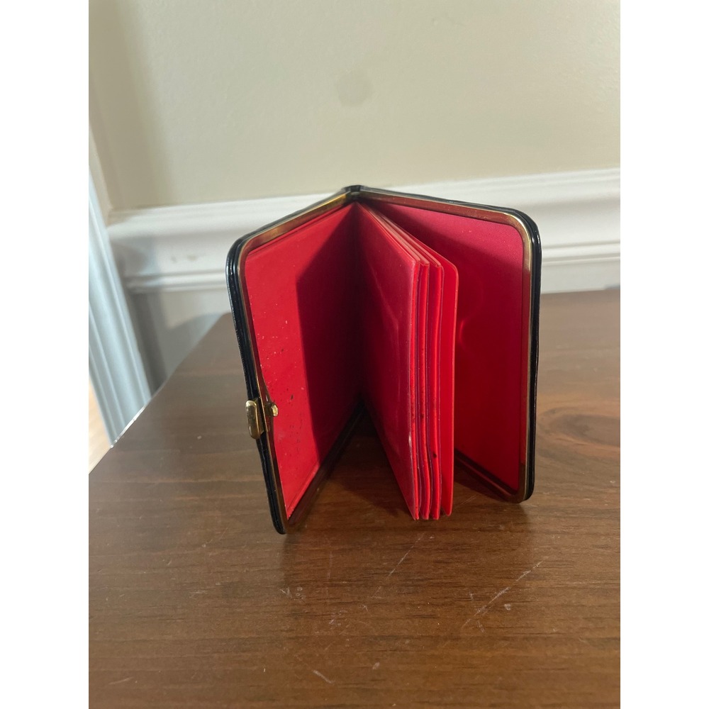 Vintage Black Patent Leather Card Holder Wallet Red Accordion Gold Frame Retro